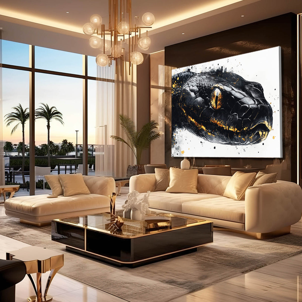 Golden Ink Splash Snake Wall Art — contemporary canvas print, styled in a furnished interior