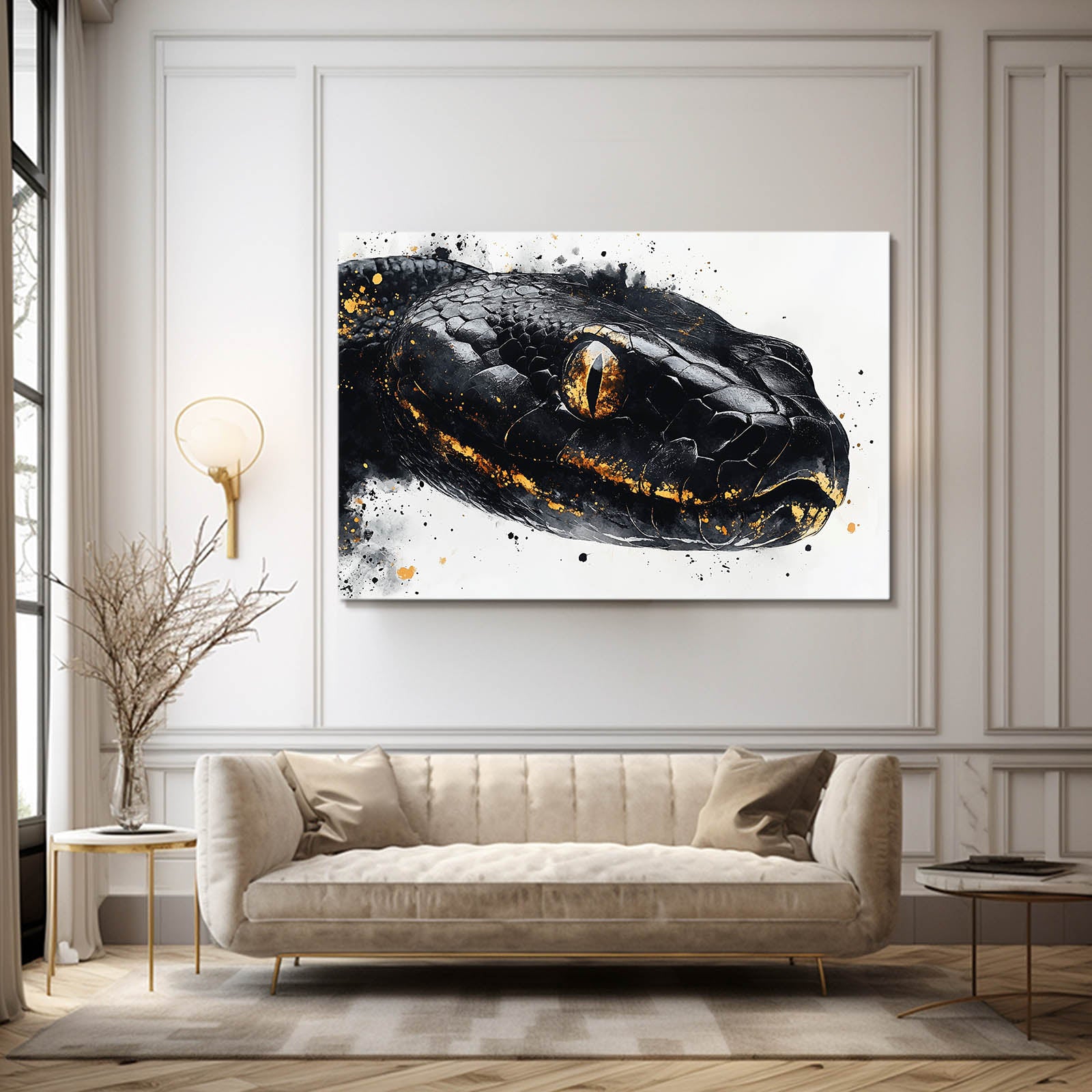 Golden Ink Splash Snake Wall Art — contemporary canvas print, styled in a furnished interior