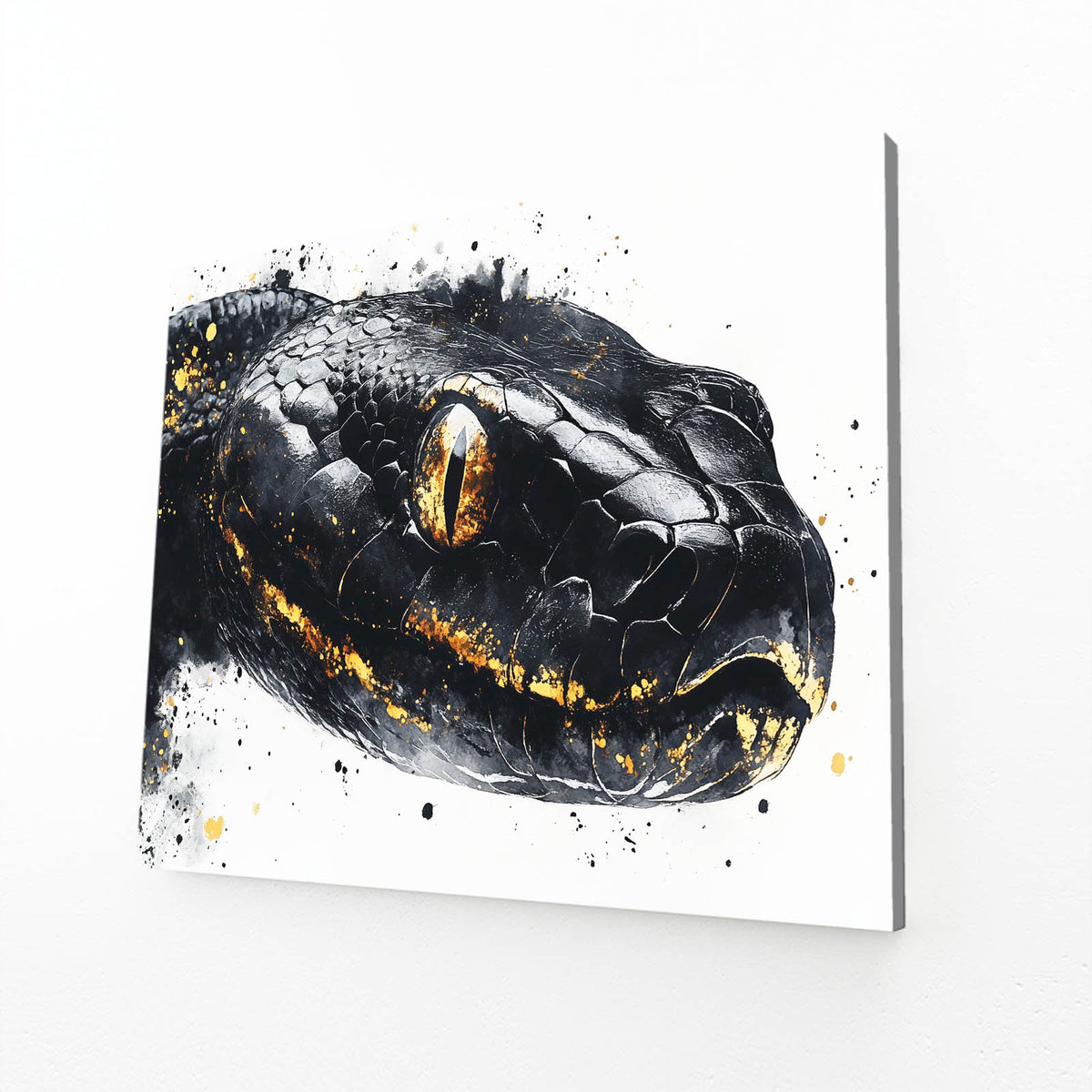 Golden Ink Splash Snake Wall Art — contemporary canvas print, angled canvas view on white background