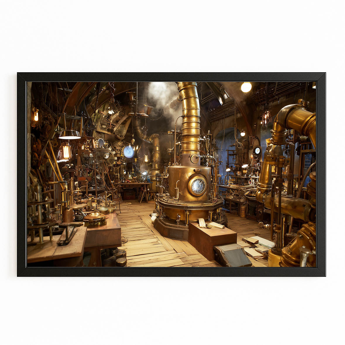 Golden Inventor Workshop Steampunk Wall Decor – with Premium Black frame on white background