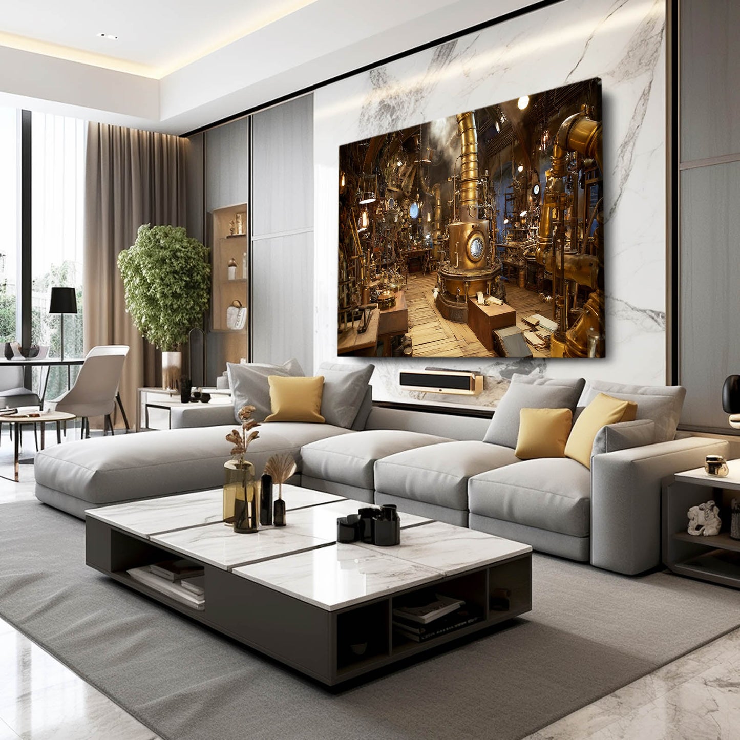 Golden Inventor Workshop Steampunk Wall Decor – styled in a furnished interior