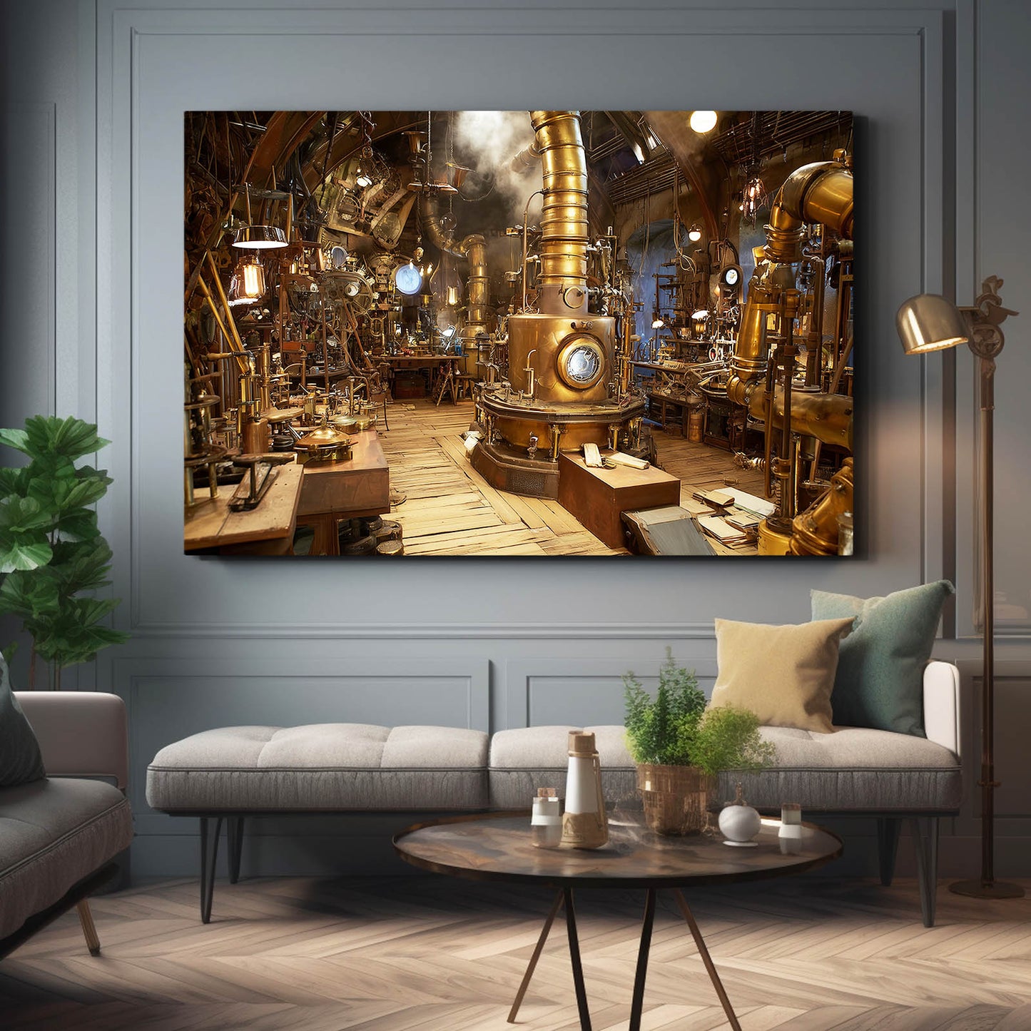 Golden Inventor Workshop Steampunk Wall Decor – styled in a furnished interior