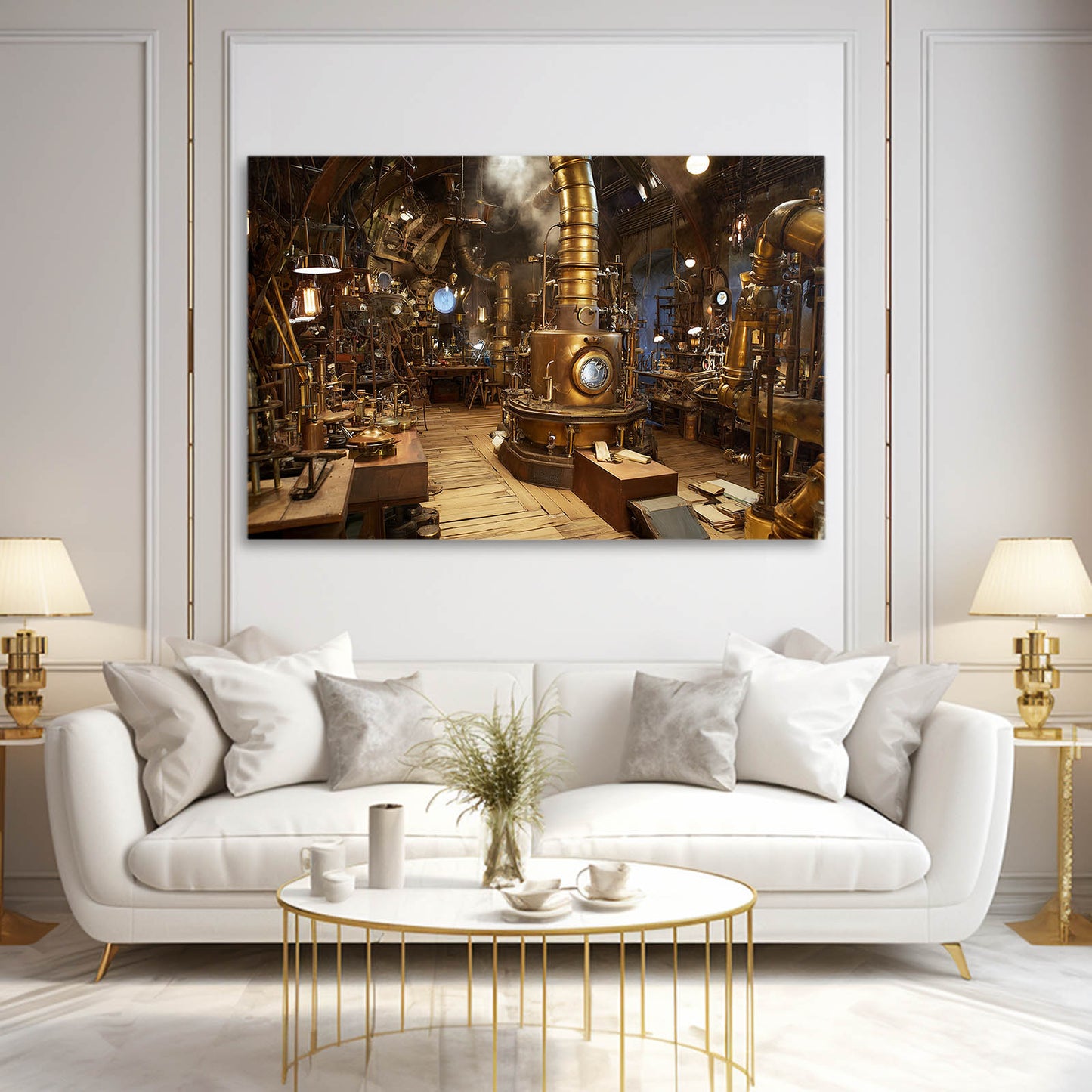 Golden Inventor Workshop Steampunk Wall Decor – styled in a furnished interior