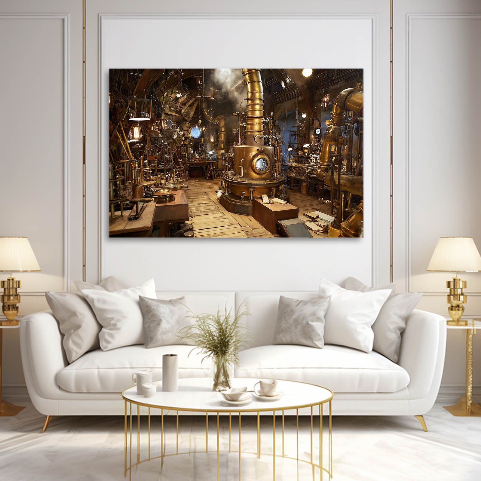 Golden Inventor Workshop Steampunk Wall Decor – styled in a furnished interior