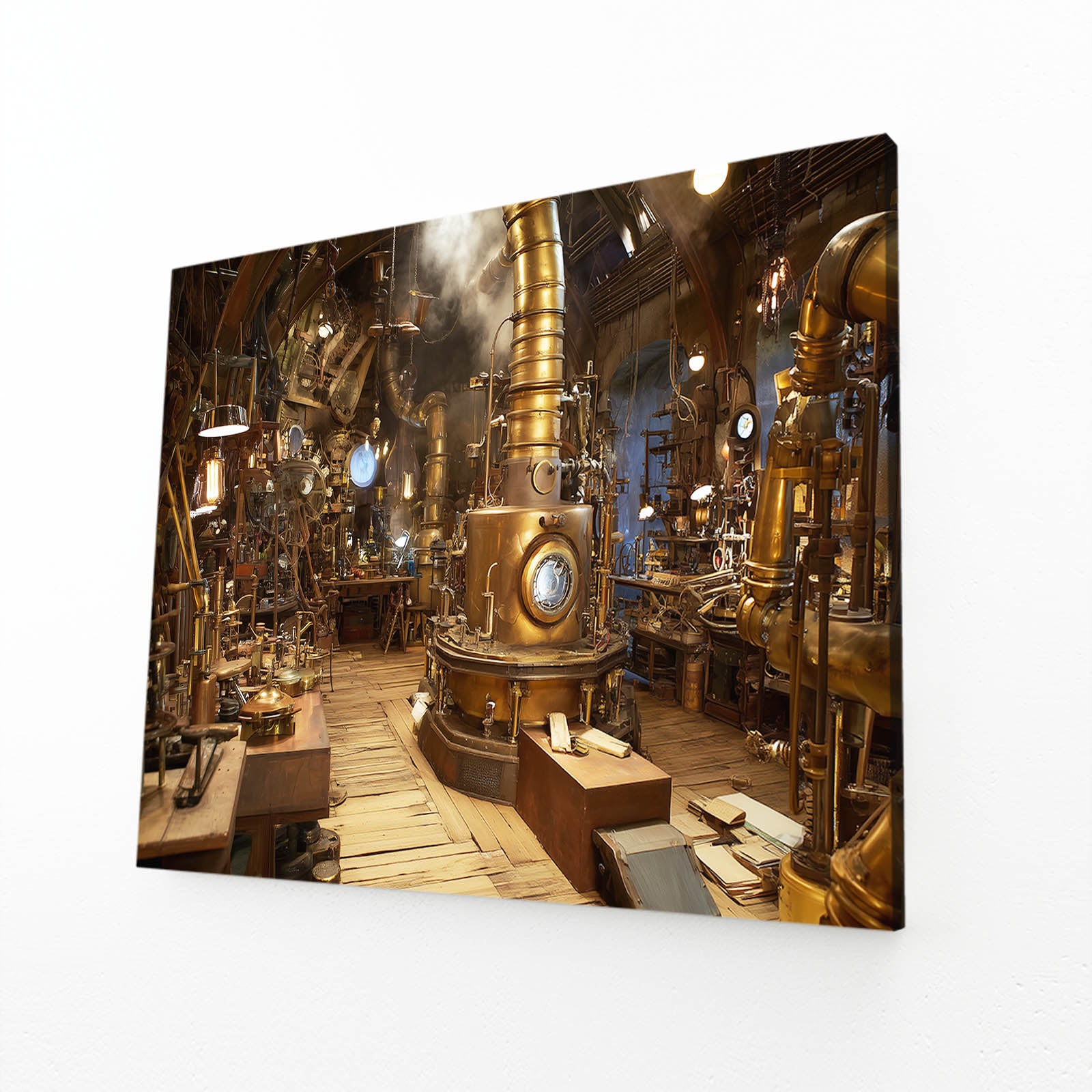 Golden Inventor Workshop Steampunk Wall Decor – angled canvas view on white background