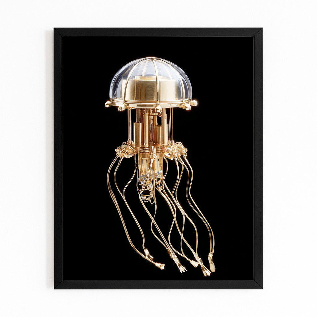 Golden Jellyfish Lamp Steampunk Art – with Premium Black frame on white background