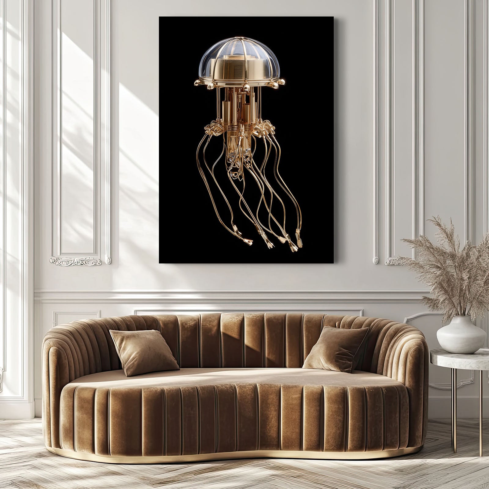 Golden Jellyfish Lamp Steampunk Art – styled in a furnished interior