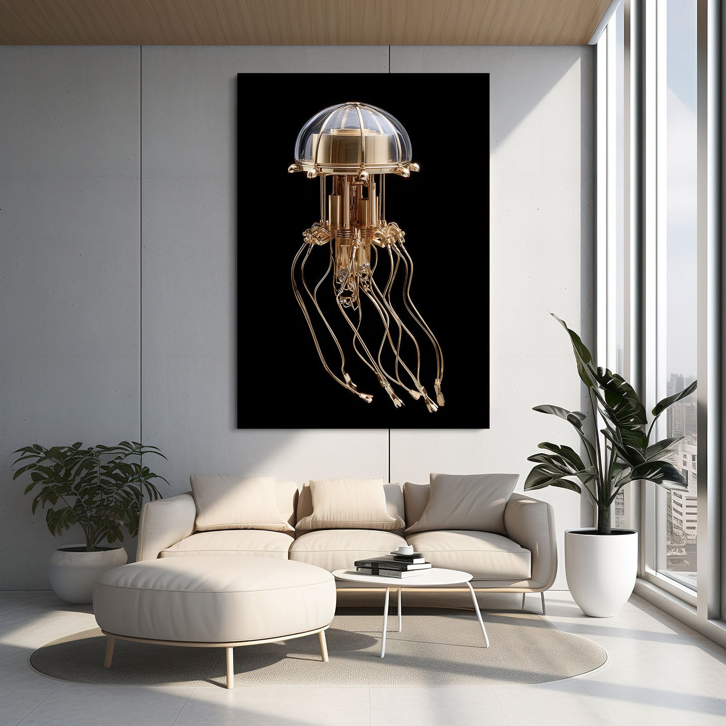 Golden Jellyfish Lamp Steampunk Art – styled in a furnished interior