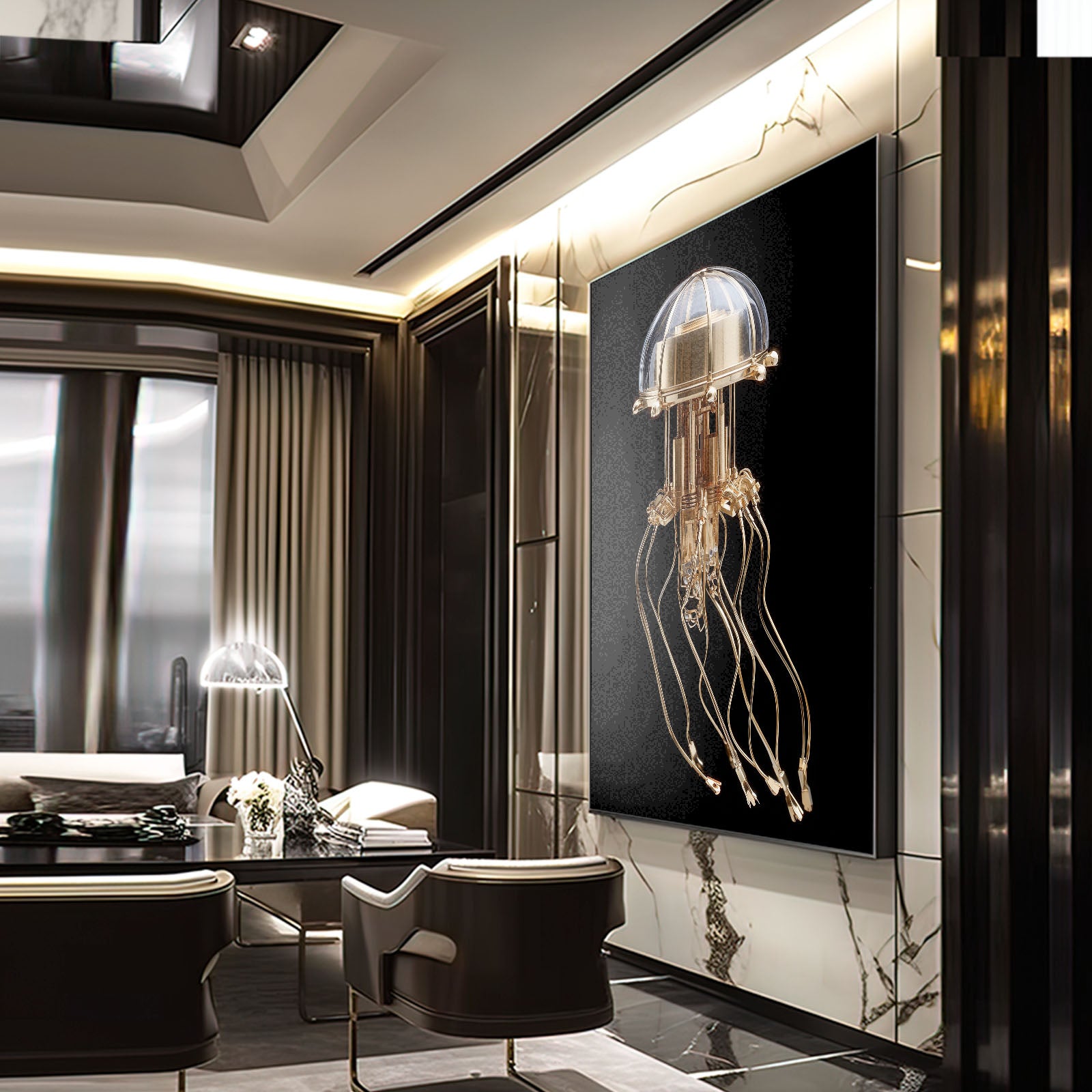 Golden Jellyfish Lamp Steampunk Art – styled in a furnished interior