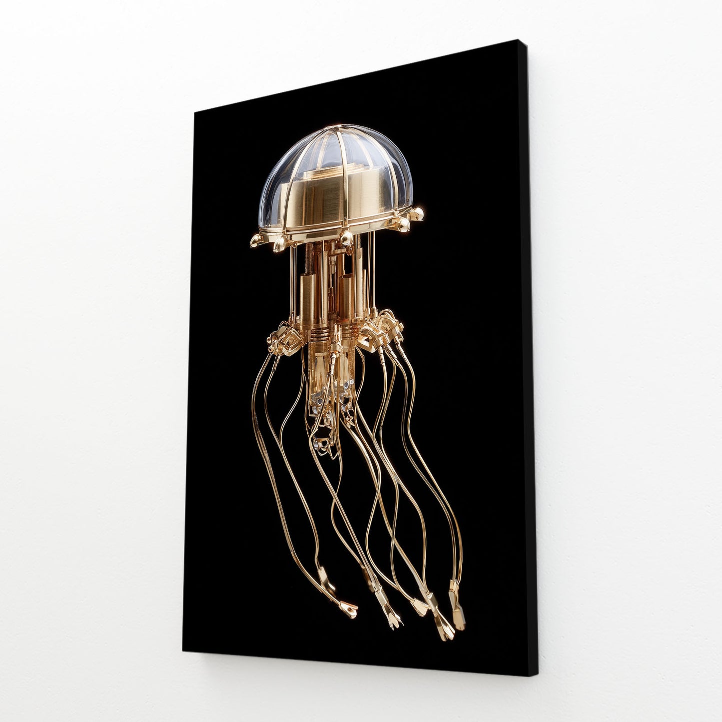 Golden Jellyfish Lamp Steampunk Art – angled canvas view on white background