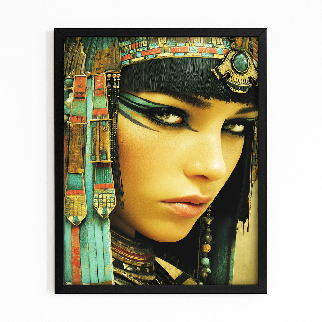 Golden Jewelry Portrait Egyptian Wall Art – with Premium Black frame on white background