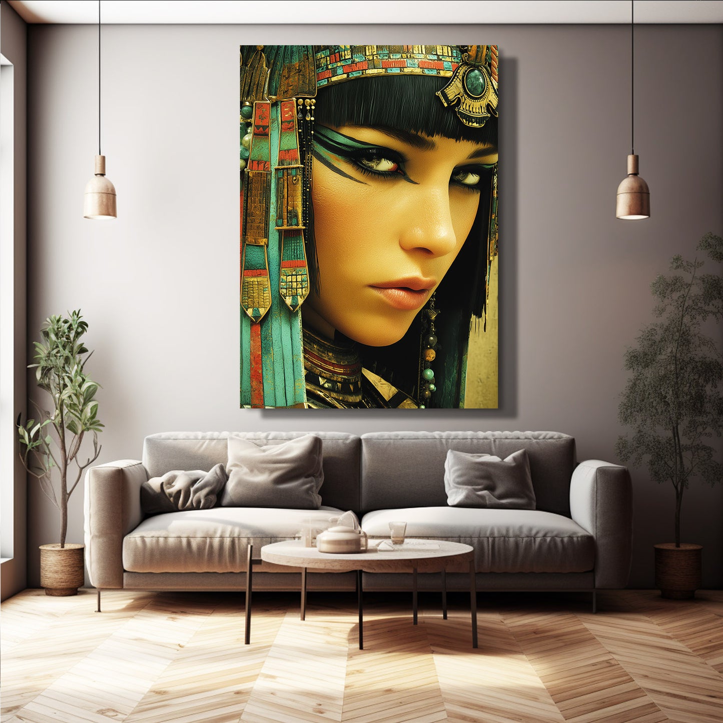 Golden Jewelry Portrait Egyptian Wall Art – styled in a furnished interior