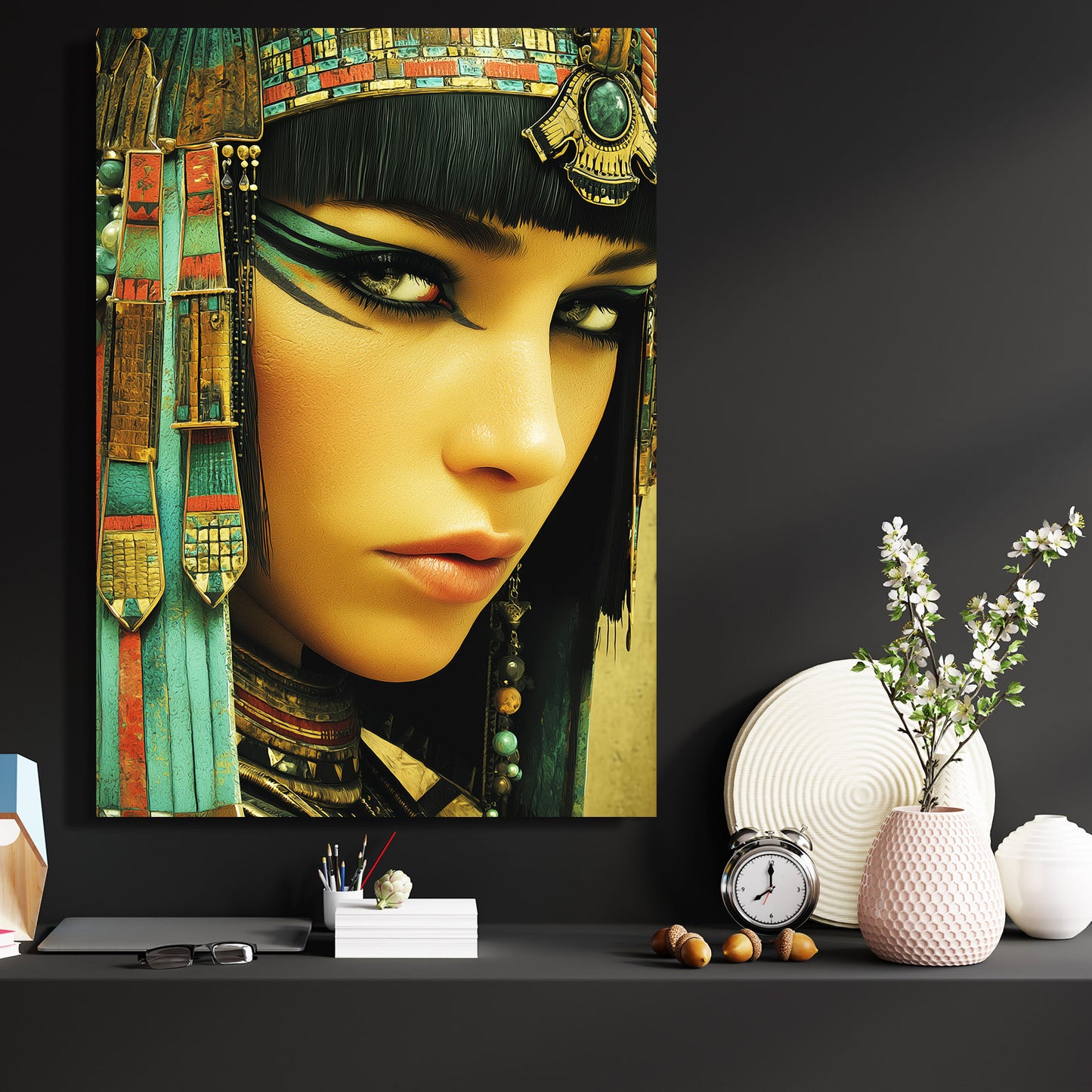 Golden Jewelry Portrait Egyptian Wall Art – styled in a furnished interior