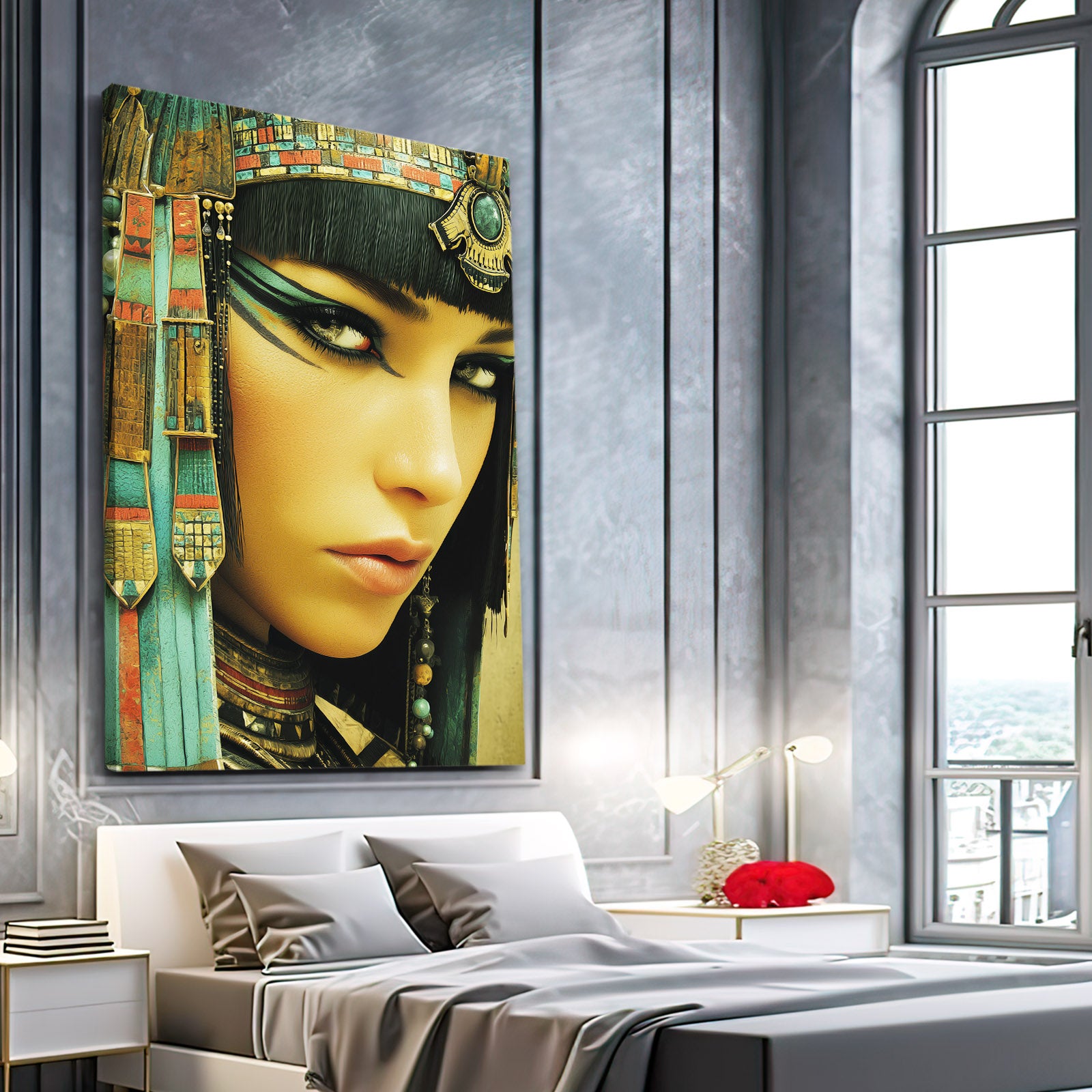 Golden Jewelry Portrait Egyptian Wall Art – styled in a furnished interior