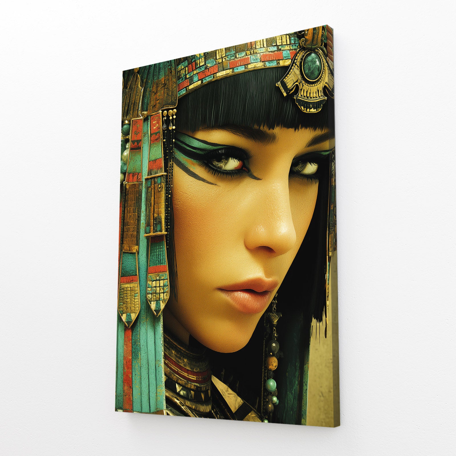 Golden Jewelry Portrait Egyptian Wall Art – angled canvas view on white background