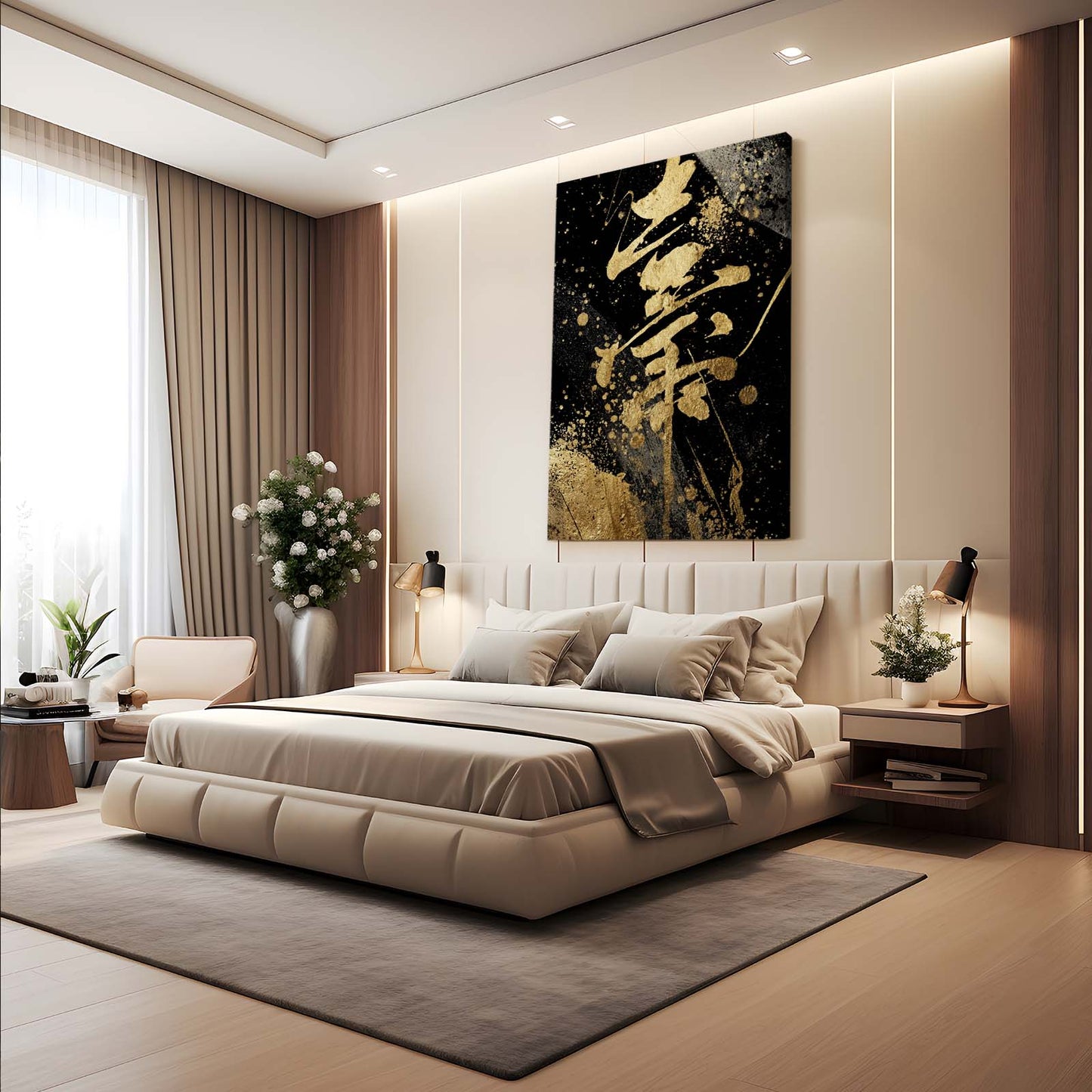 Golden Kanji Splash Prints – styled in a furnished interior