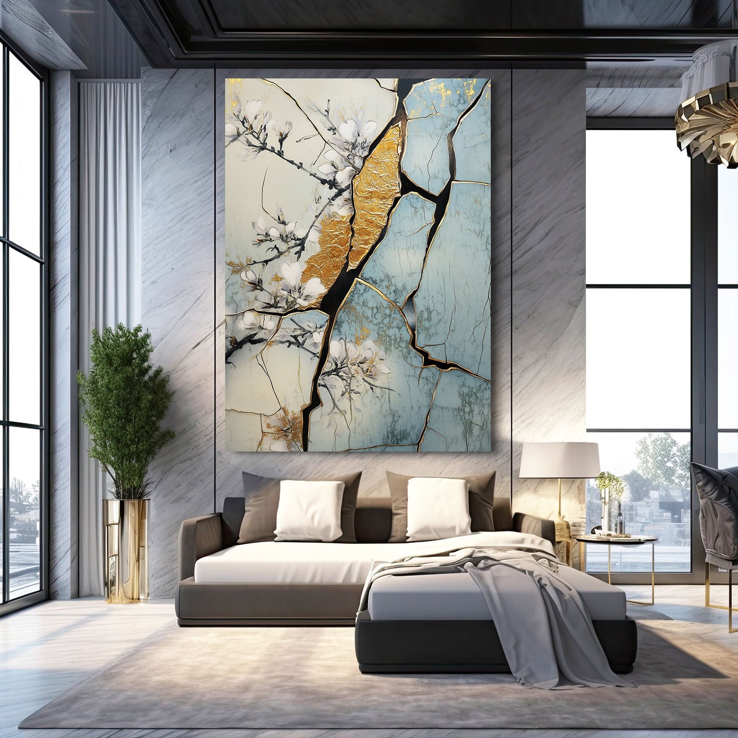 Golden Kintsugi Cherry Blossom Wall Art – styled in a furnished interior