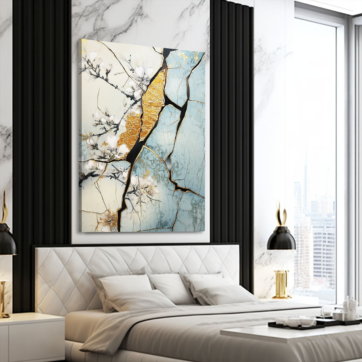 Golden Kintsugi Cherry Blossom Wall Art – styled in a furnished interior
