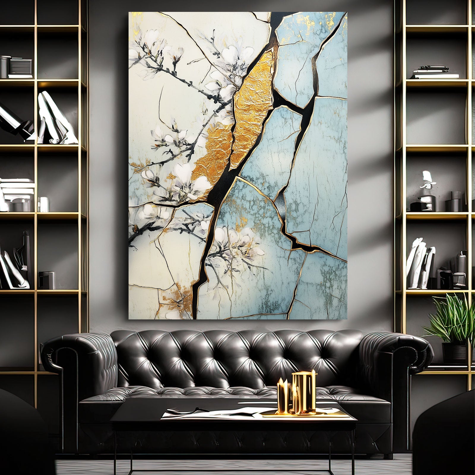 Golden Kintsugi Cherry Blossom Wall Art – styled in a furnished interior