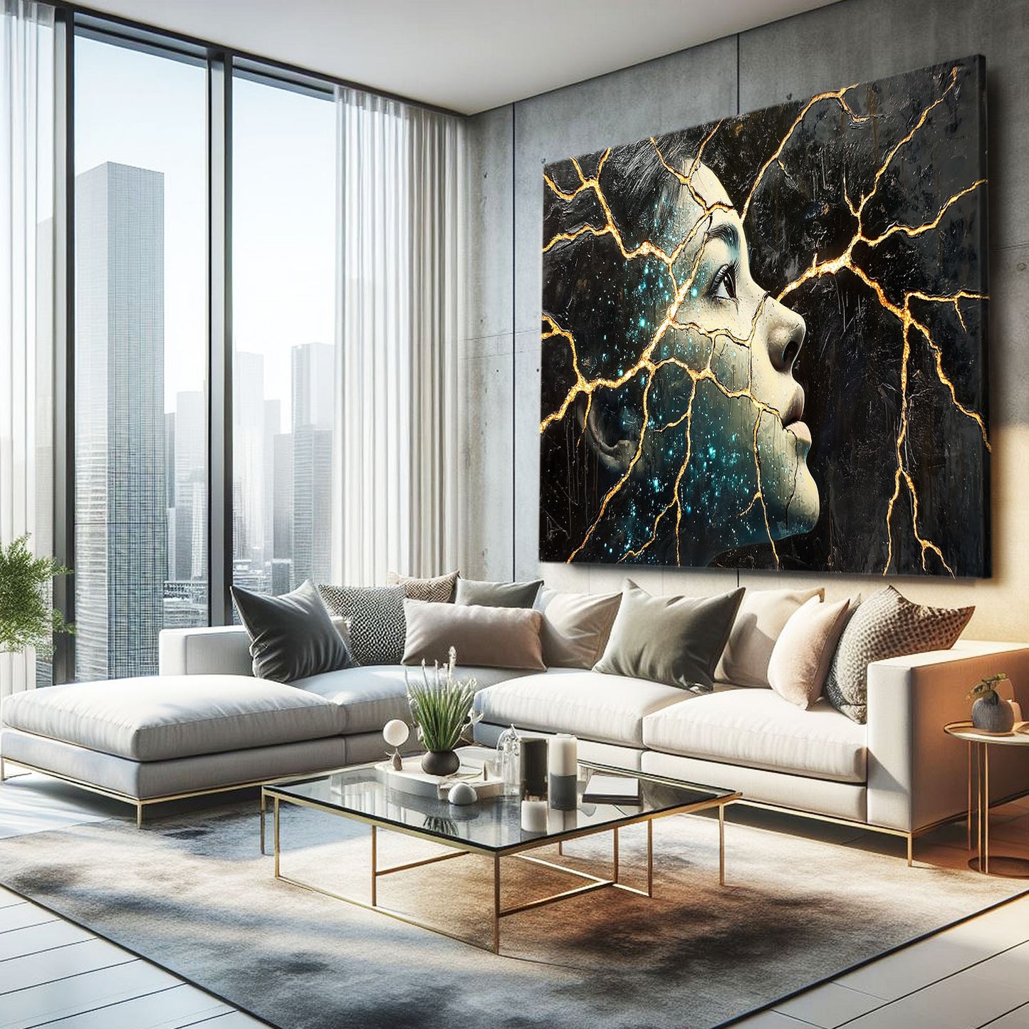 Golden Kintsugi Muse Abstract Wall Decor – styled in a furnished interior