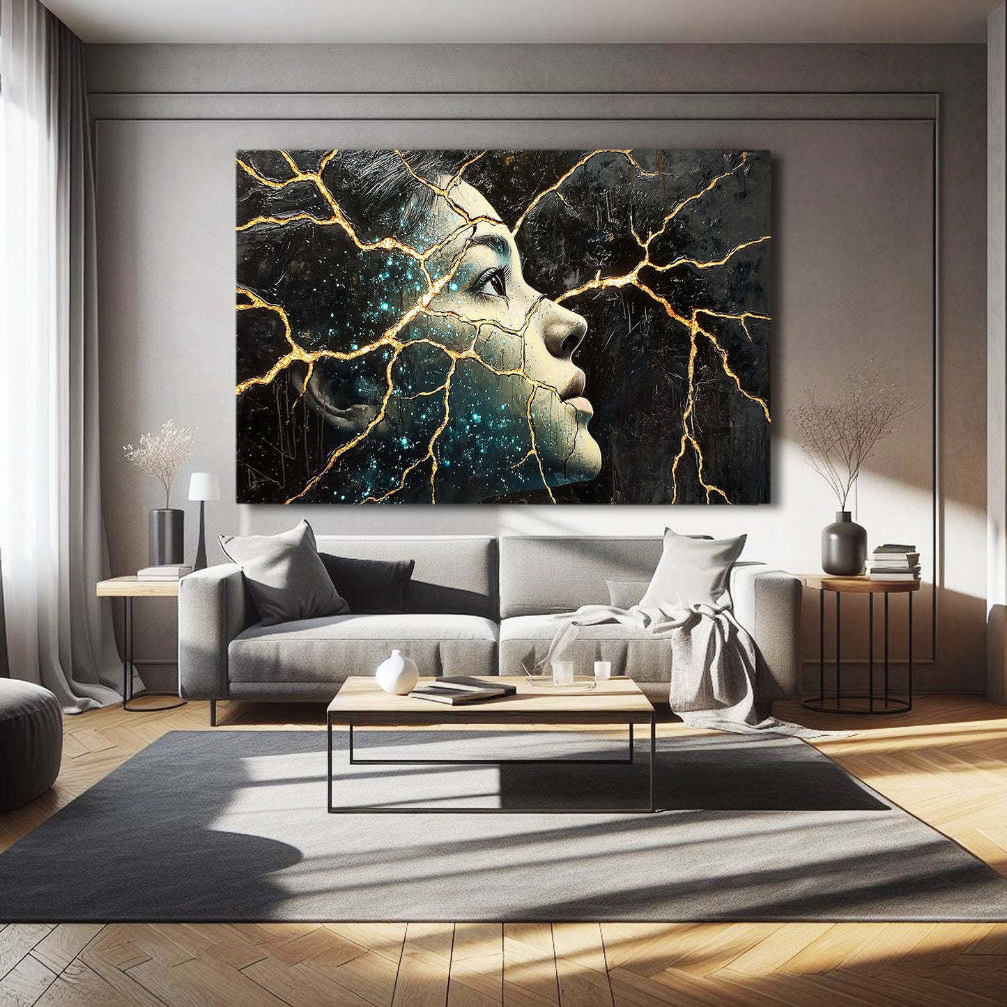 Golden Kintsugi Muse Abstract Wall Decor – styled in a furnished interior