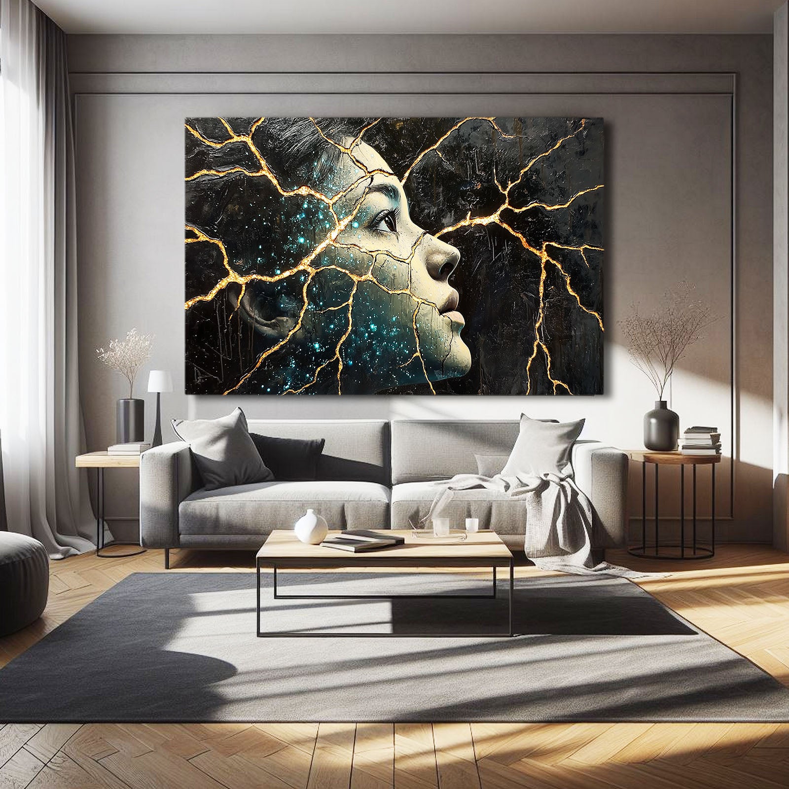 Golden Kintsugi Muse Abstract Wall Decor – styled in a furnished interior