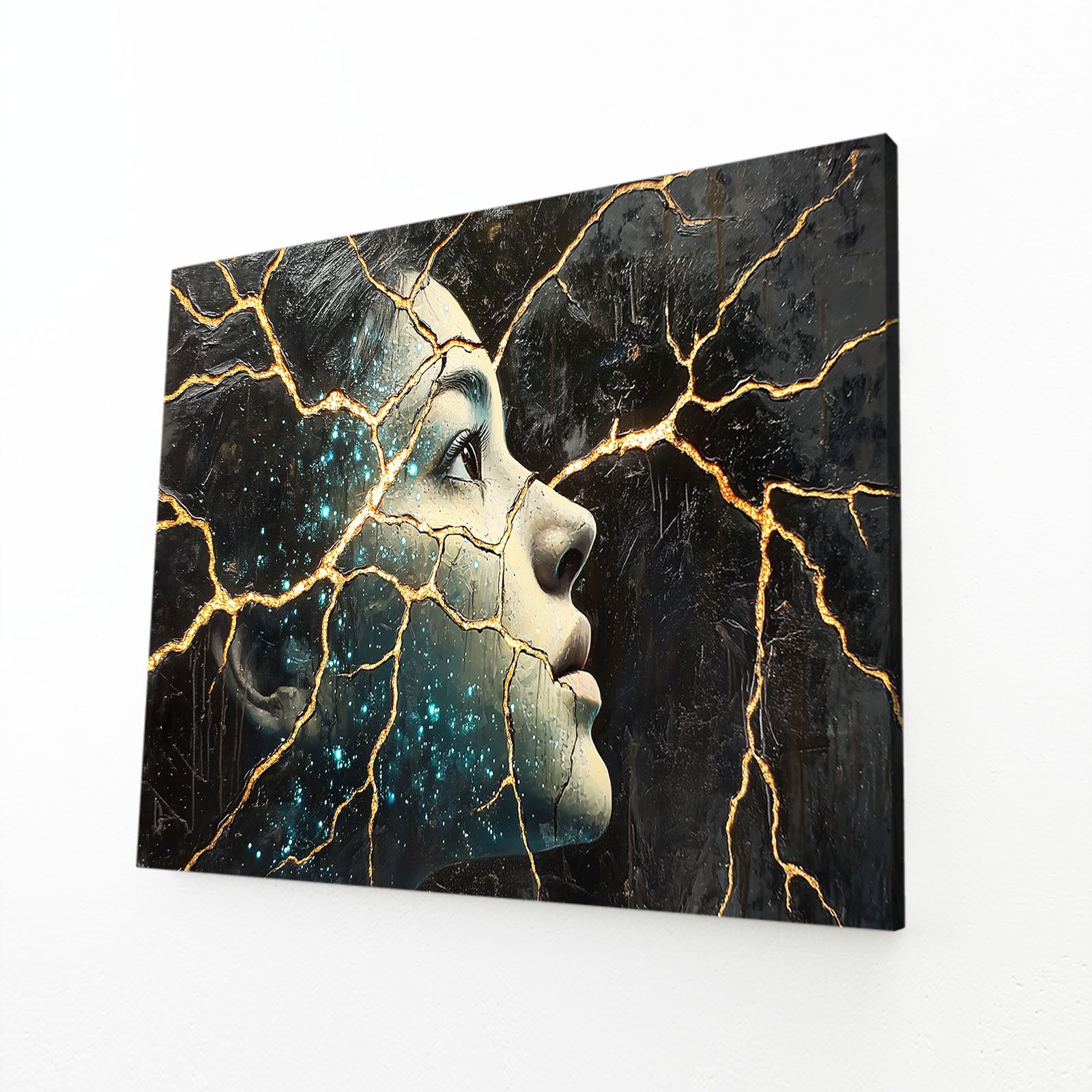 Golden Kintsugi Muse Abstract Wall Decor – angled canvas view on white background