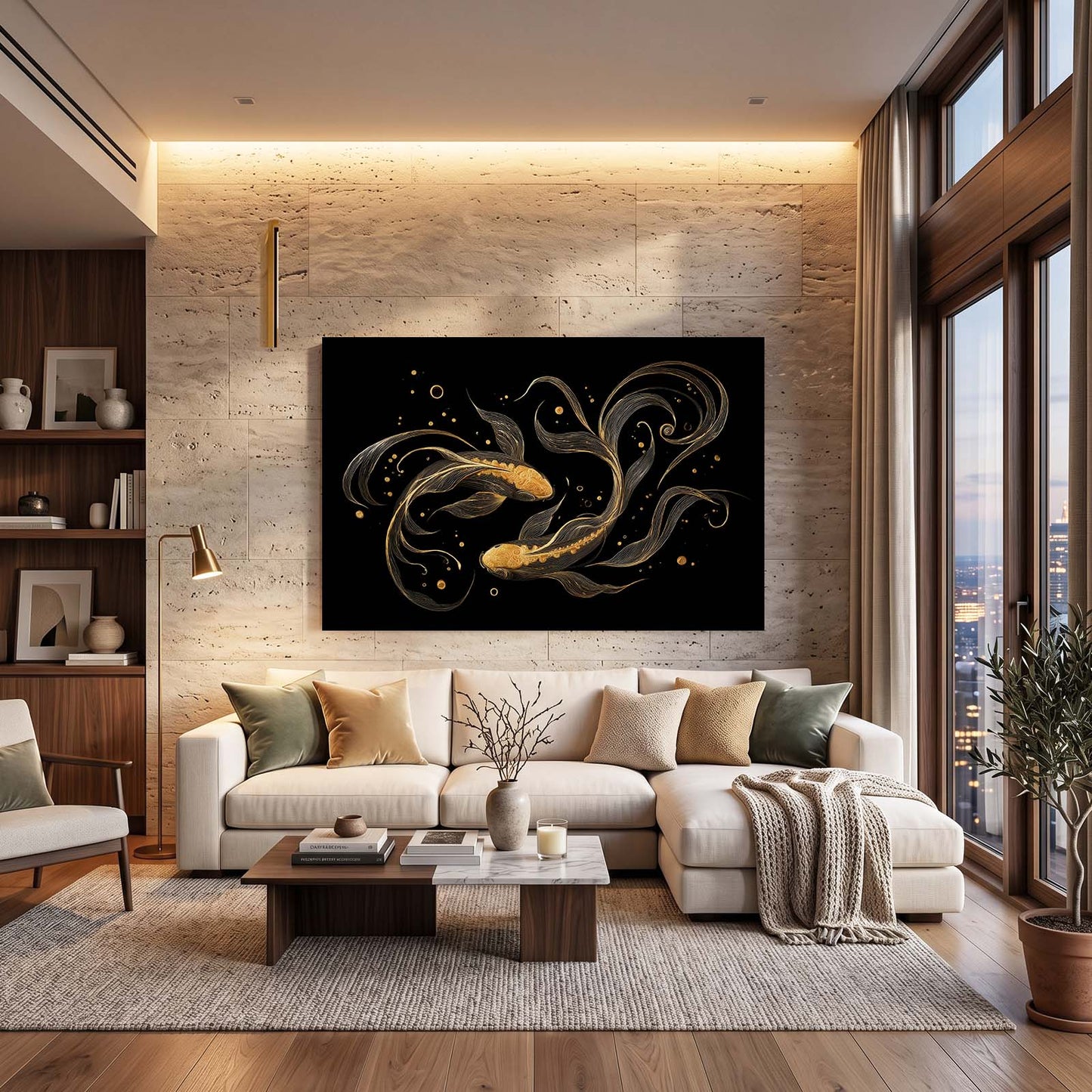 Golden Koi Pair Canvas – styled in a furnished interior