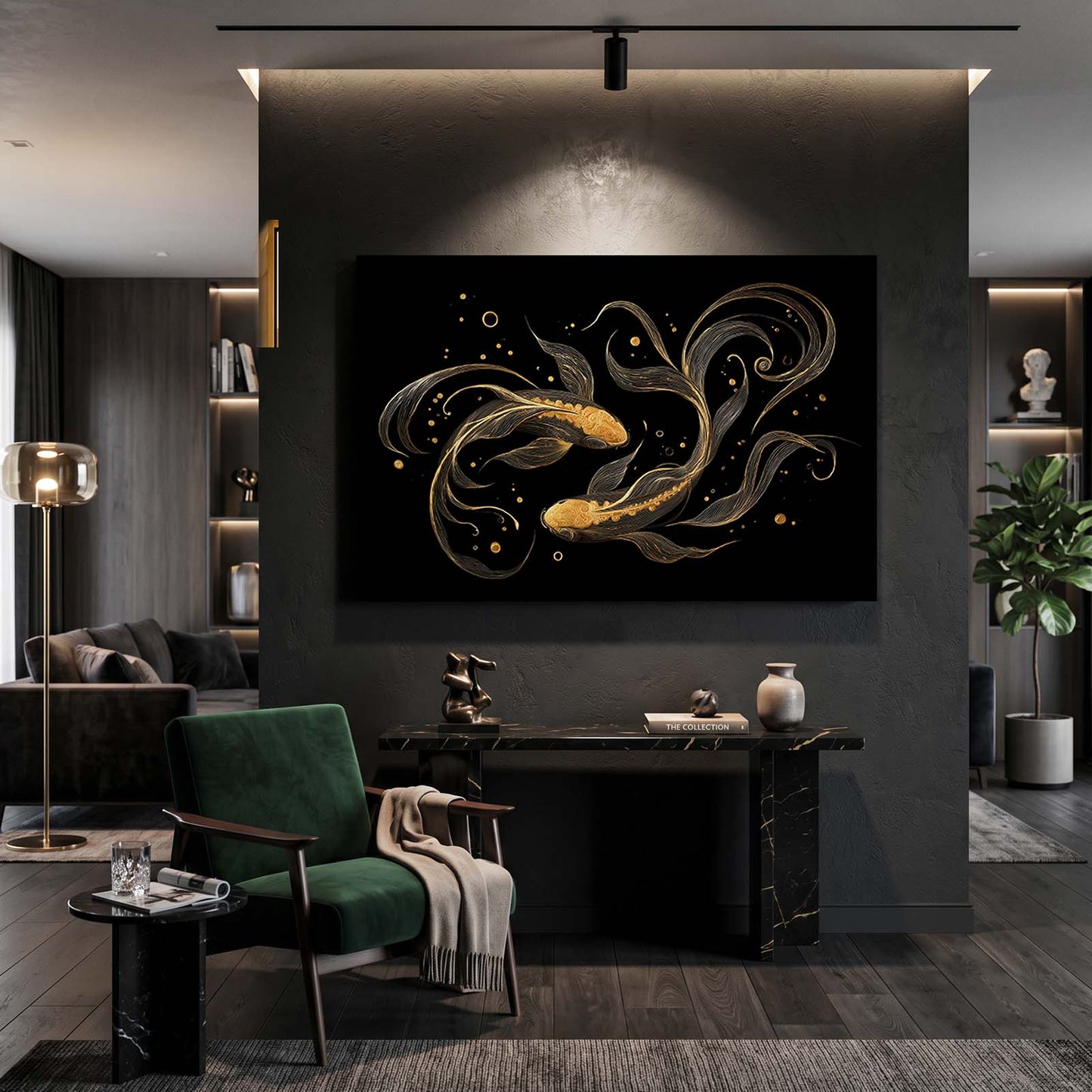 Golden Koi Pair Canvas – styled in a furnished interior