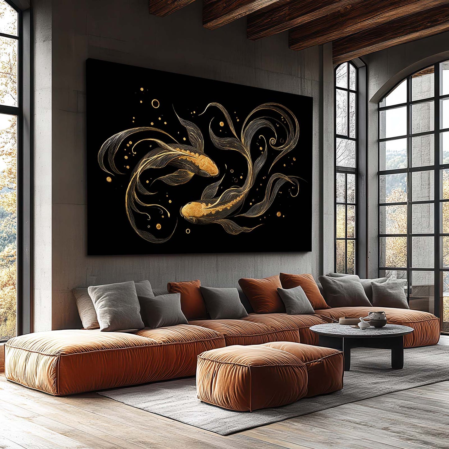 Golden Koi Pair Canvas – styled in a furnished interior