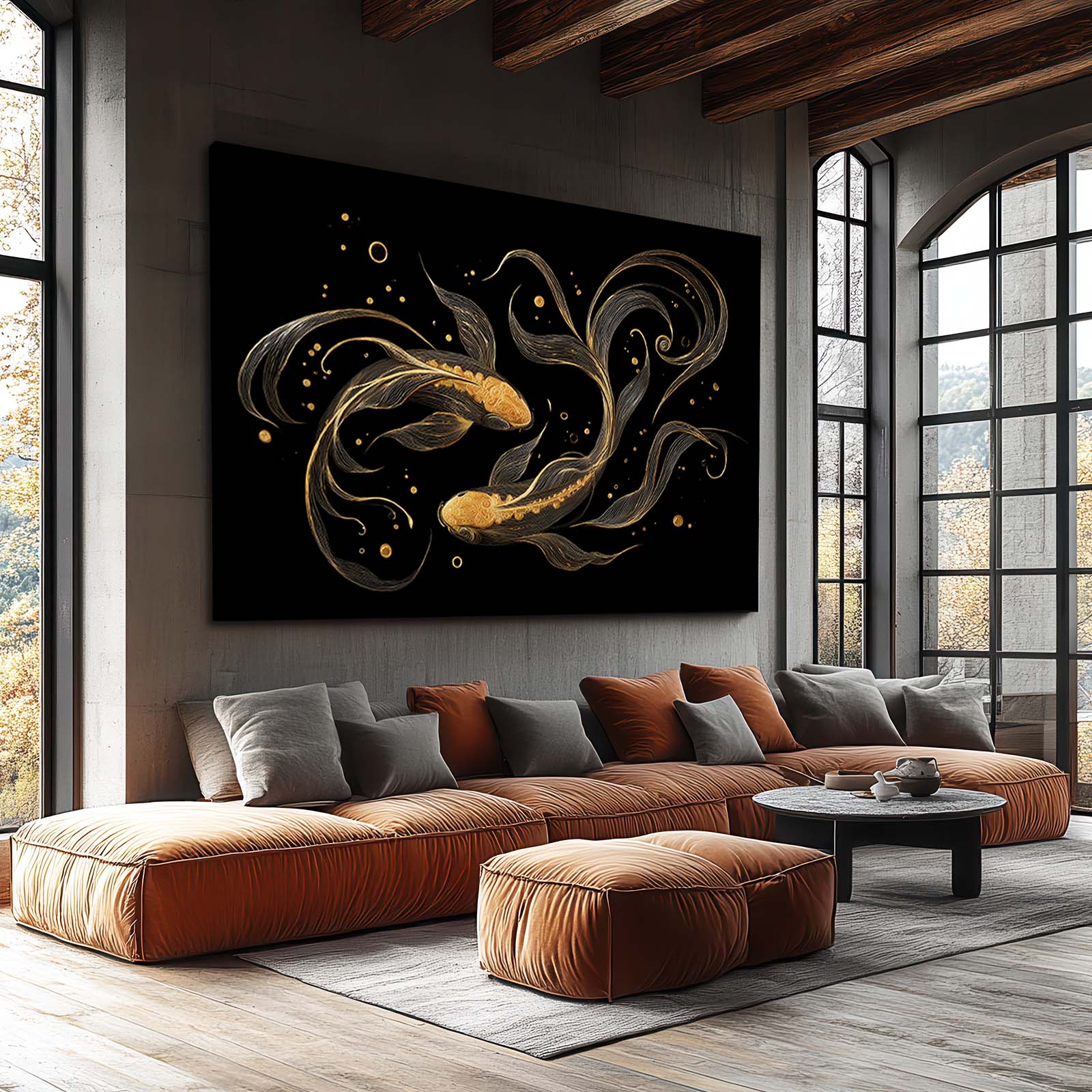 Golden Koi Pair Canvas – styled in a furnished interior
