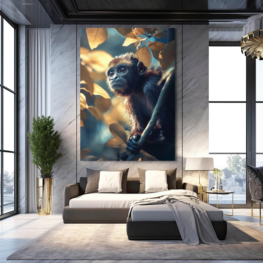 Golden Leaf Staff Monkey Canvas Art – styled in a furnished interior
