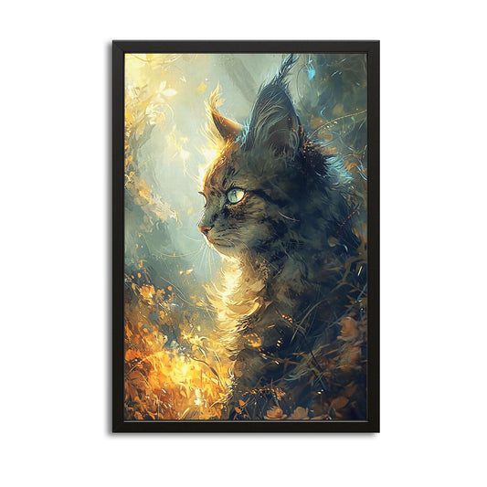 Golden Light Cat Art — digital canvas print in white tones, with Premium Black frame on white background