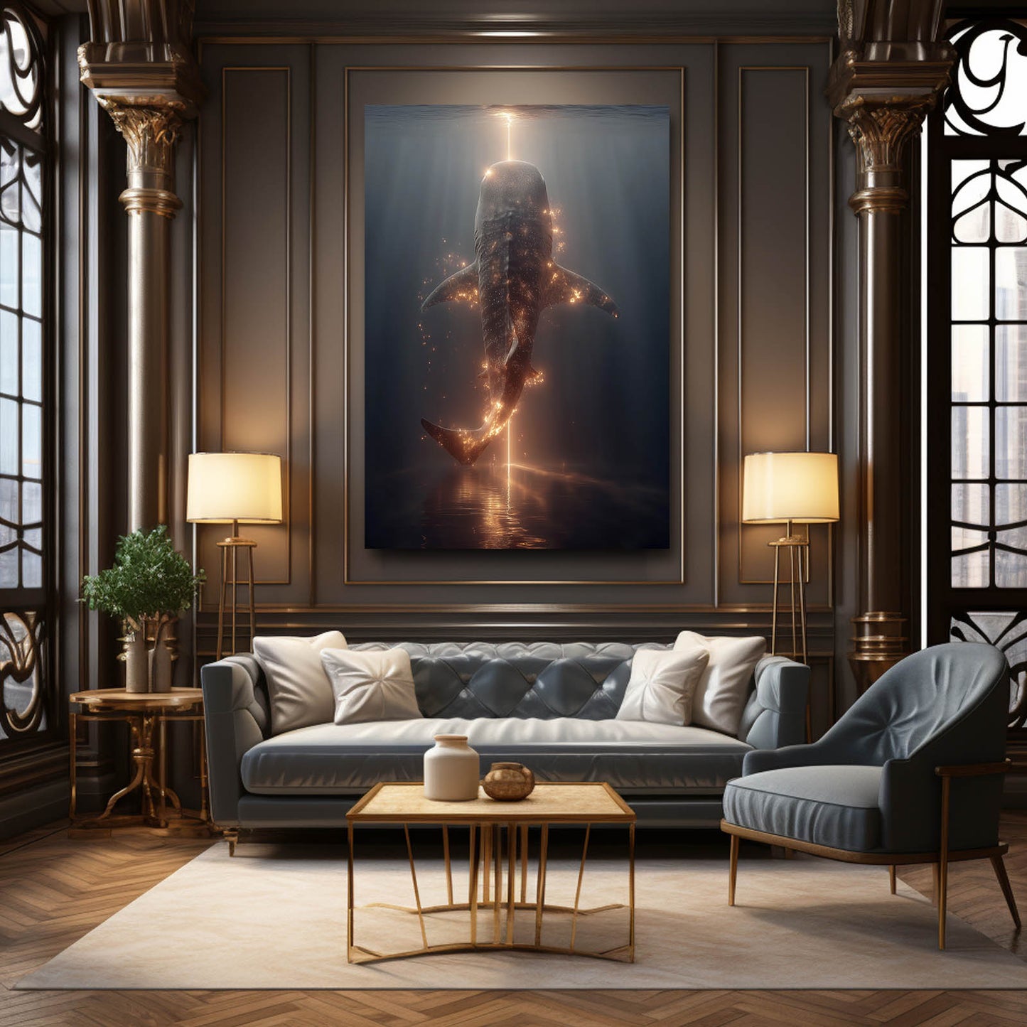 Golden Light Deep Shark Prints – styled in a furnished interior