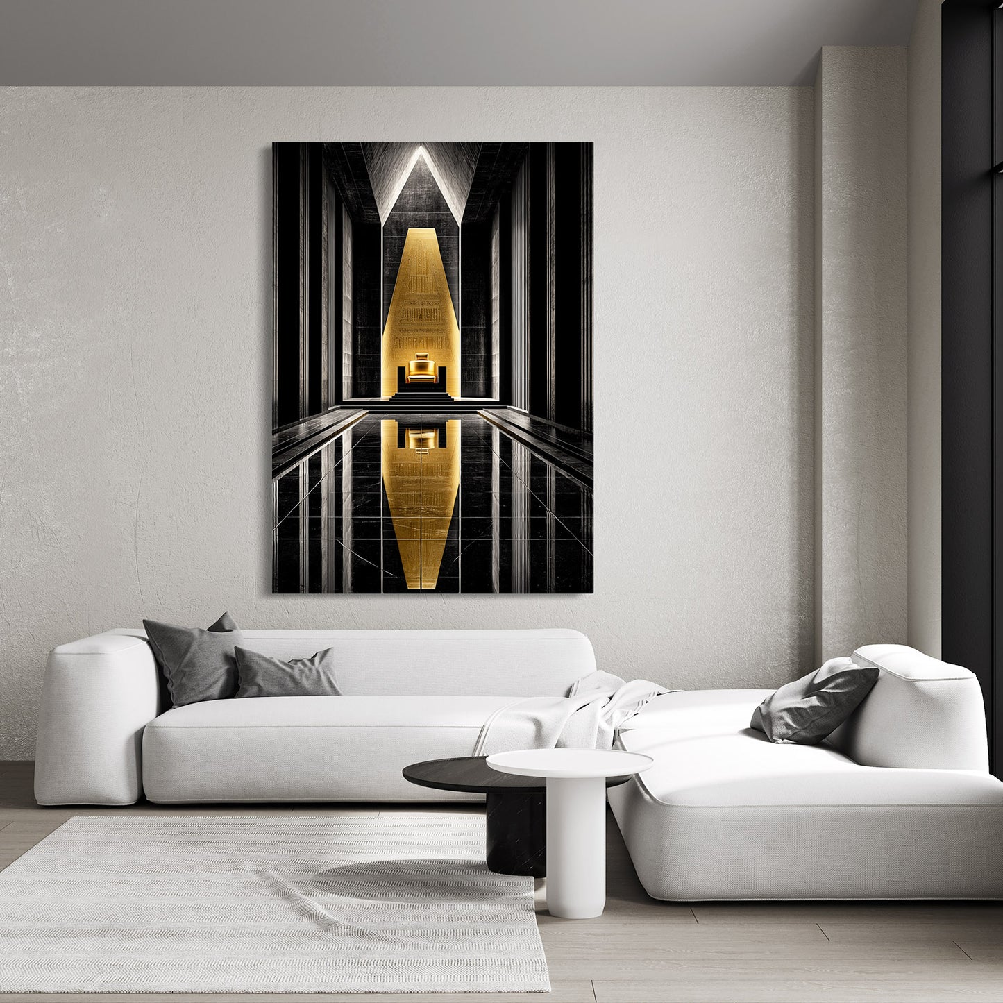 Golden Lines Abstract Egyptian Canvas Art – styled in a furnished interior