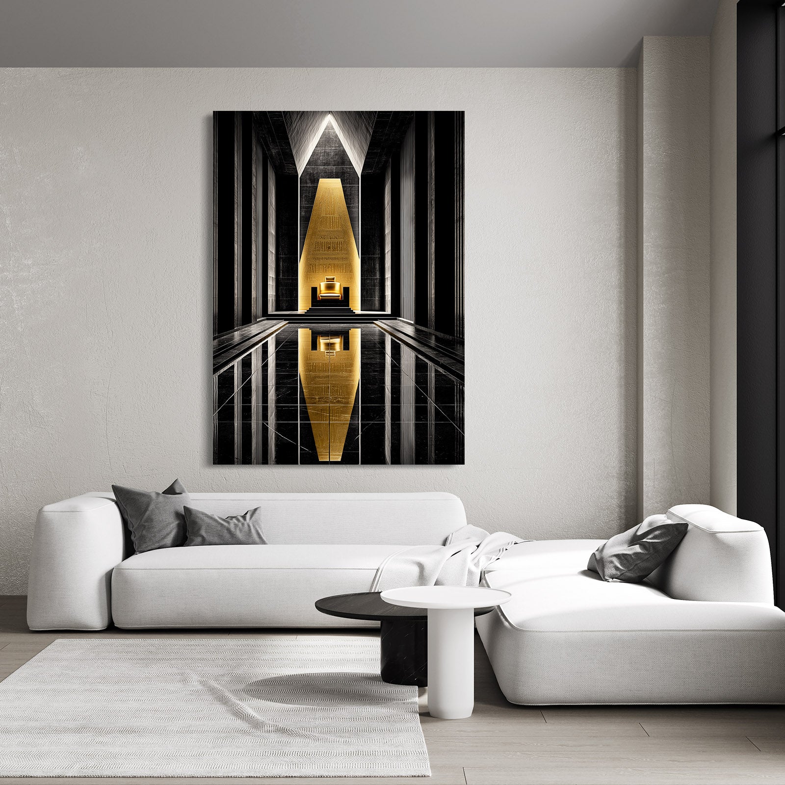Golden Lines Abstract Egyptian Canvas Art – styled in a furnished interior
