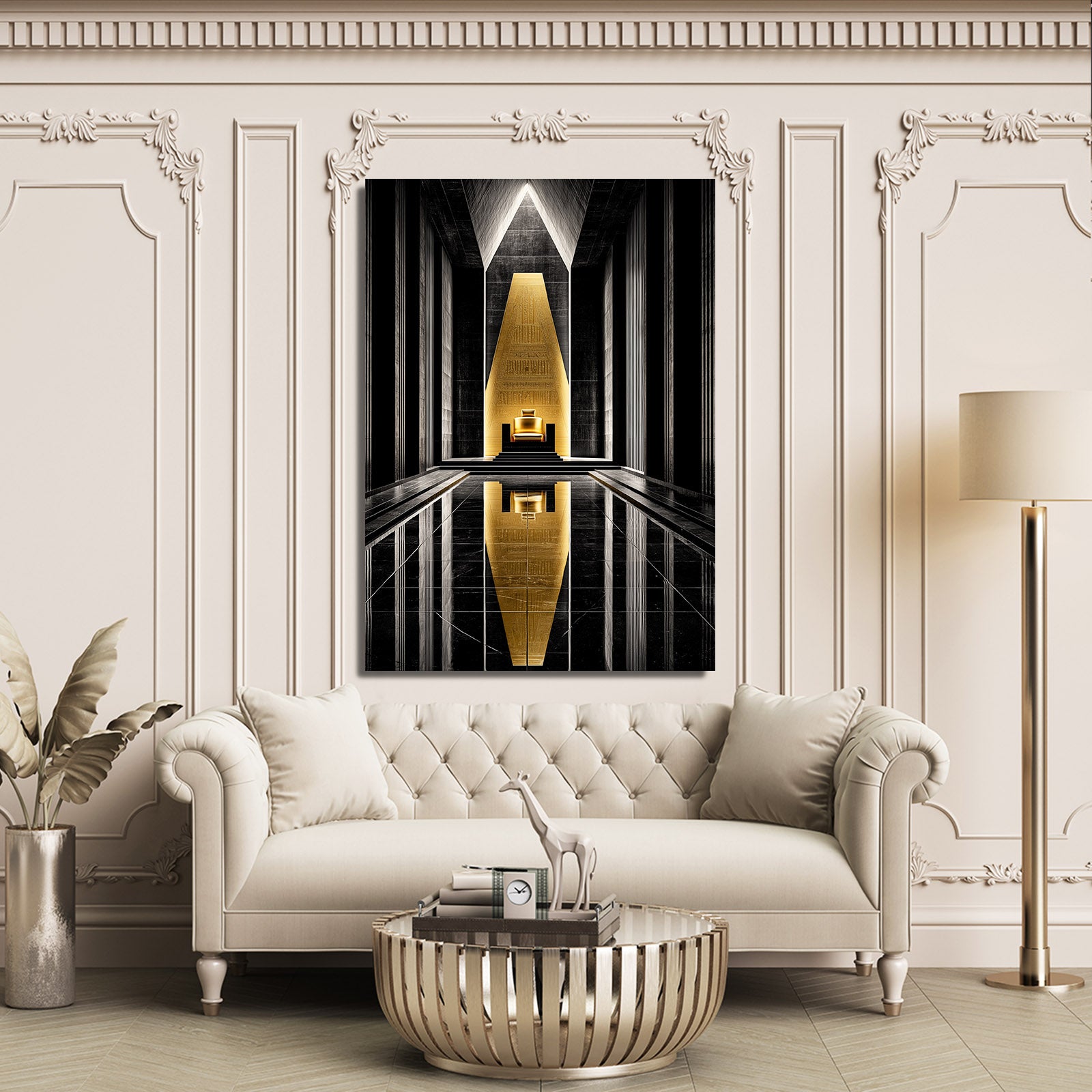 Golden Lines Abstract Egyptian Canvas Art – styled in a furnished interior