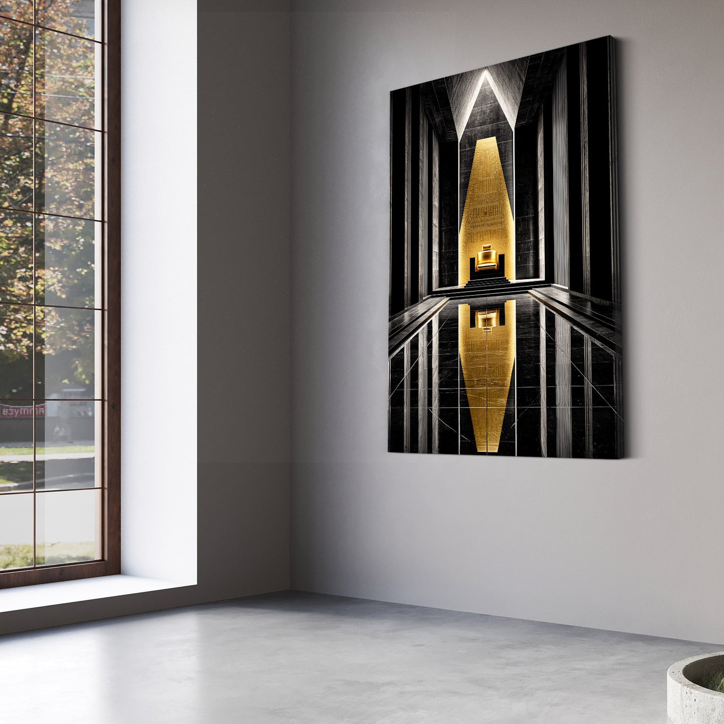 Golden Lines Abstract Egyptian Canvas Art – styled in a furnished interior