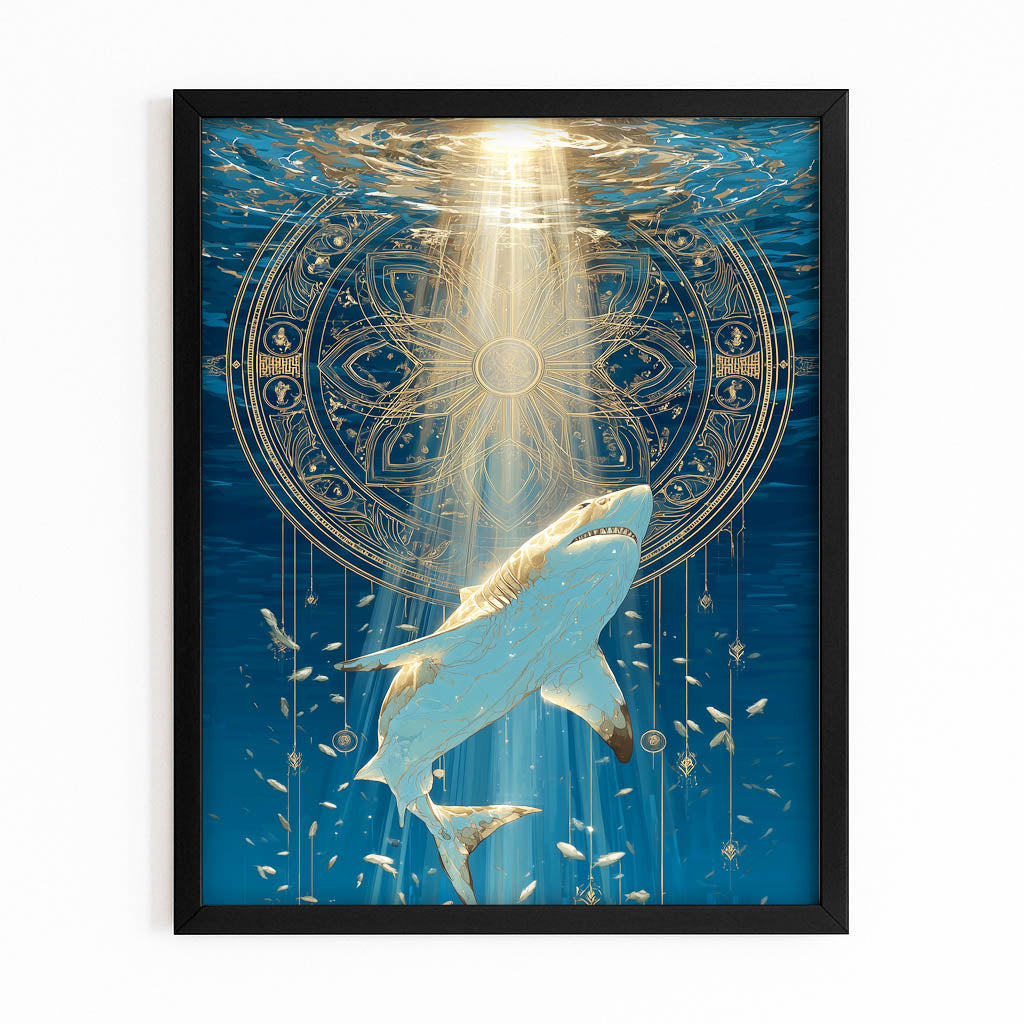 Golden Mandala Descent Shark Canvas Art – with Premium Black frame on white background