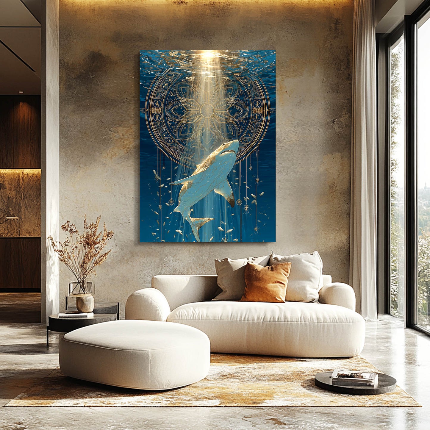 Golden Mandala Descent Shark Canvas Art – styled in a furnished interior