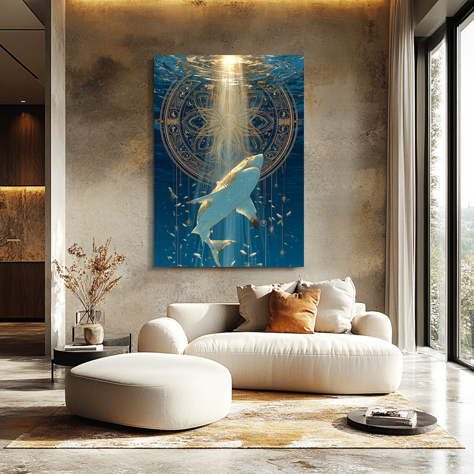 Golden Mandala Descent Shark Canvas Art – styled in a furnished interior