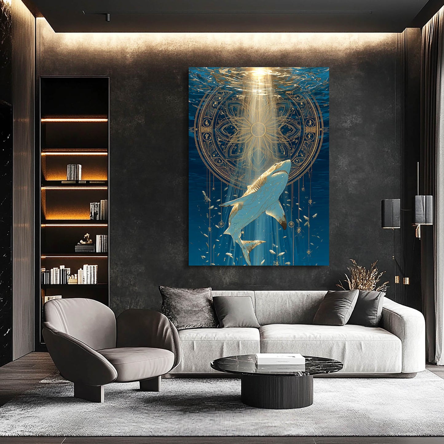 Golden Mandala Descent Shark Canvas Art – styled in a furnished interior