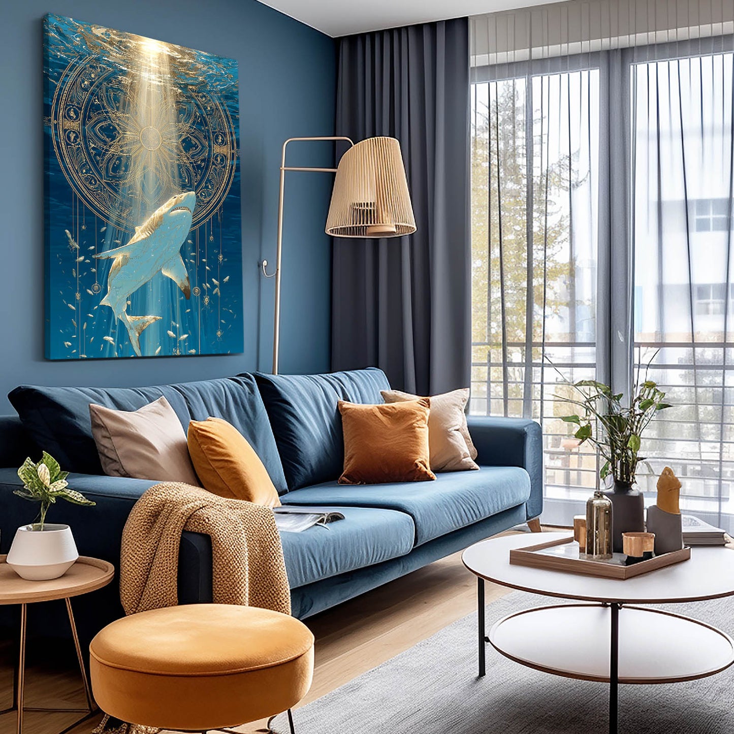Golden Mandala Descent Shark Canvas Art – styled in a furnished interior