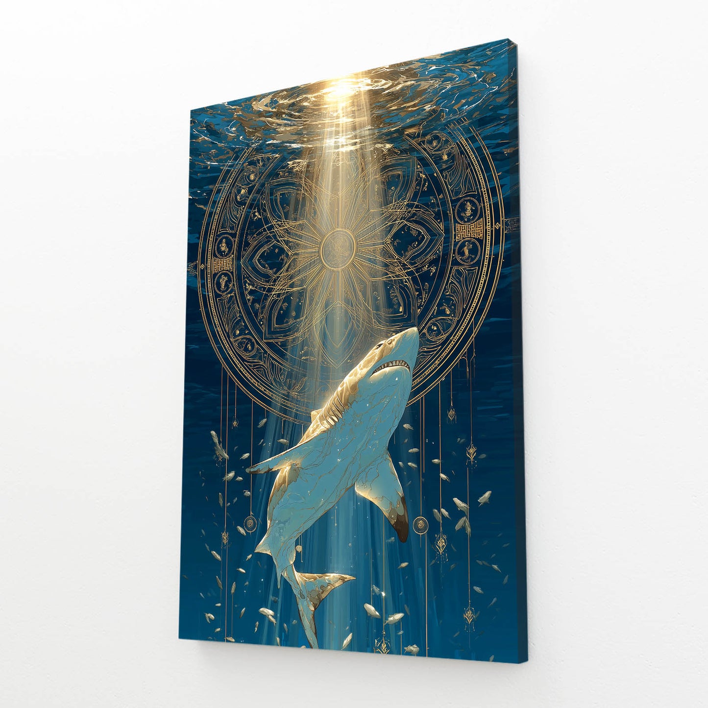 Golden Mandala Descent Shark Canvas Art – angled canvas view on white background