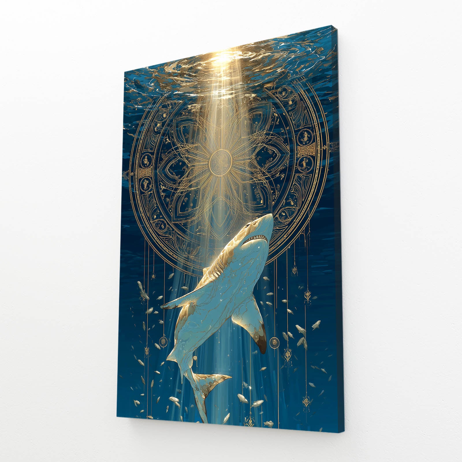 Golden Mandala Descent Shark Canvas Art – angled canvas view on white background