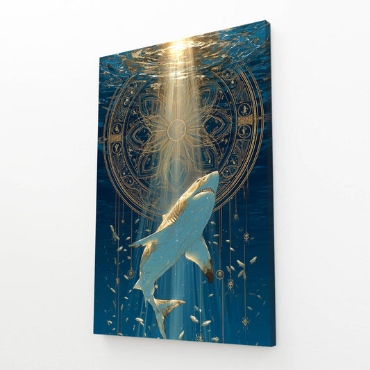 Golden Mandala Descent Shark Canvas Art – angled canvas view on white background