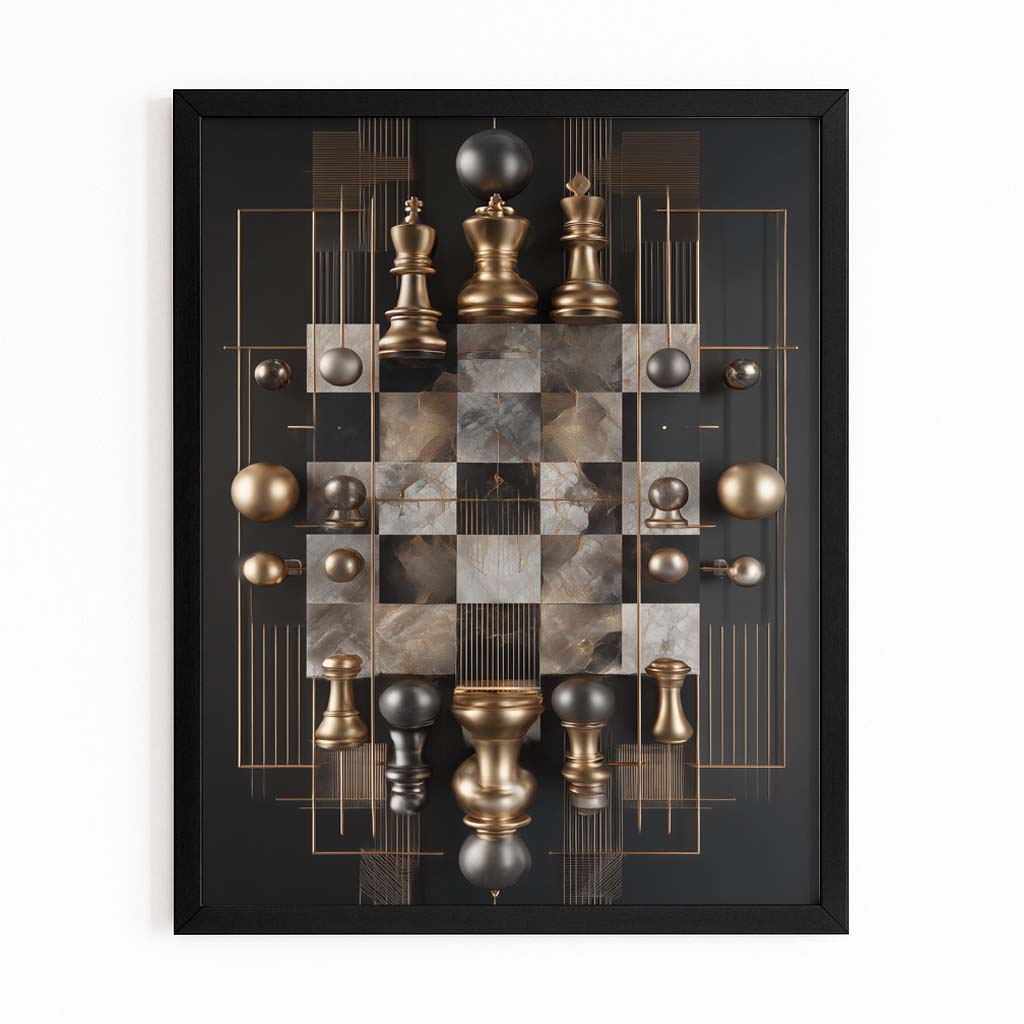 Golden Marble Board Chess Canvas Art – with Premium Black frame on white background