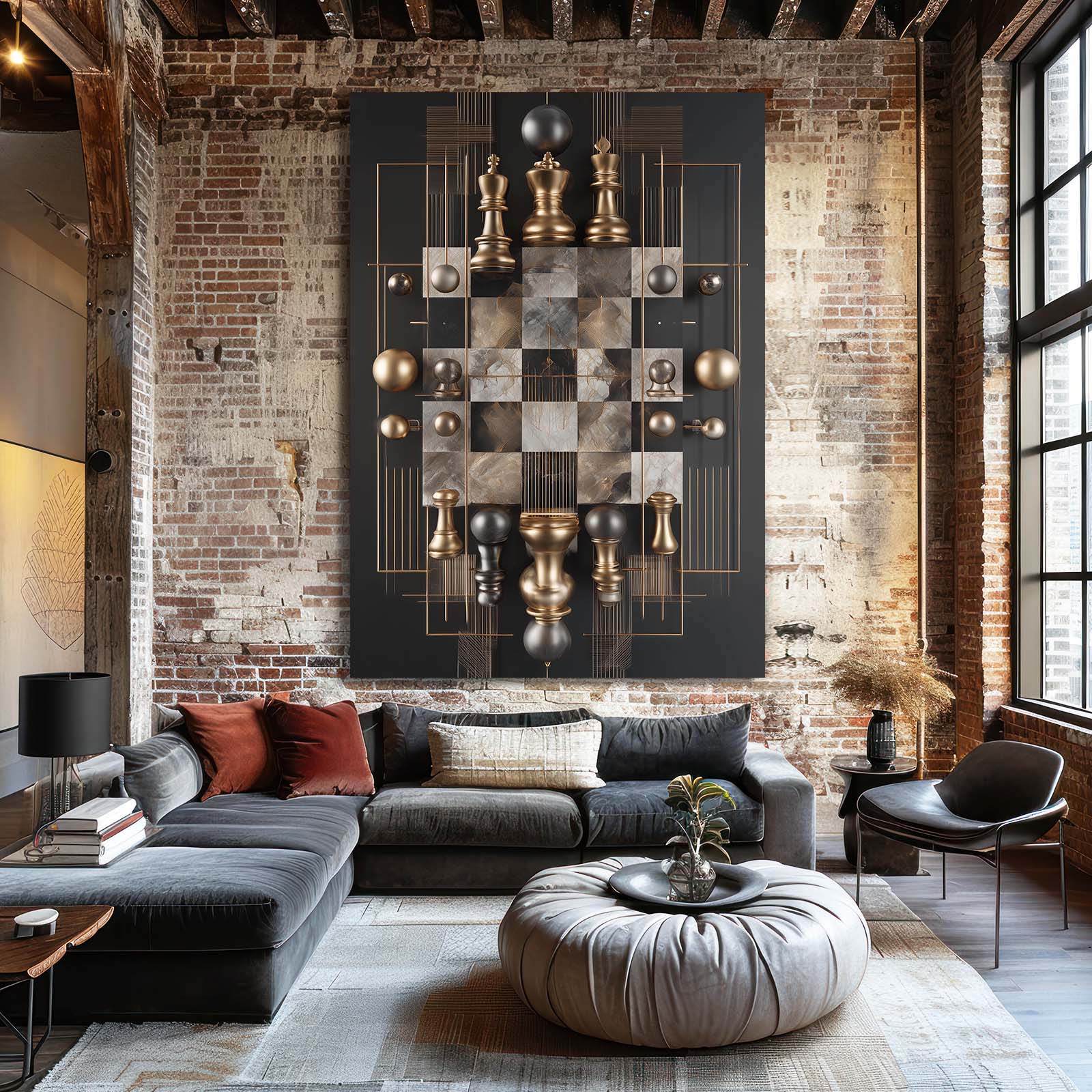 Golden Marble Board Chess Canvas Art – styled in a furnished interior