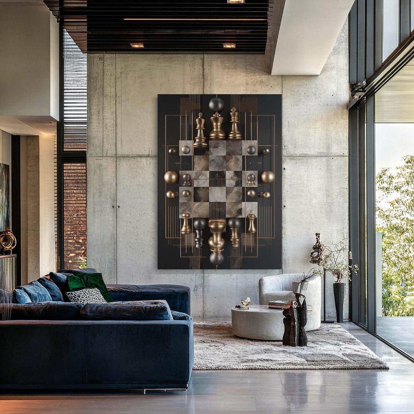 Golden Marble Board Chess Canvas Art – styled in a furnished interior
