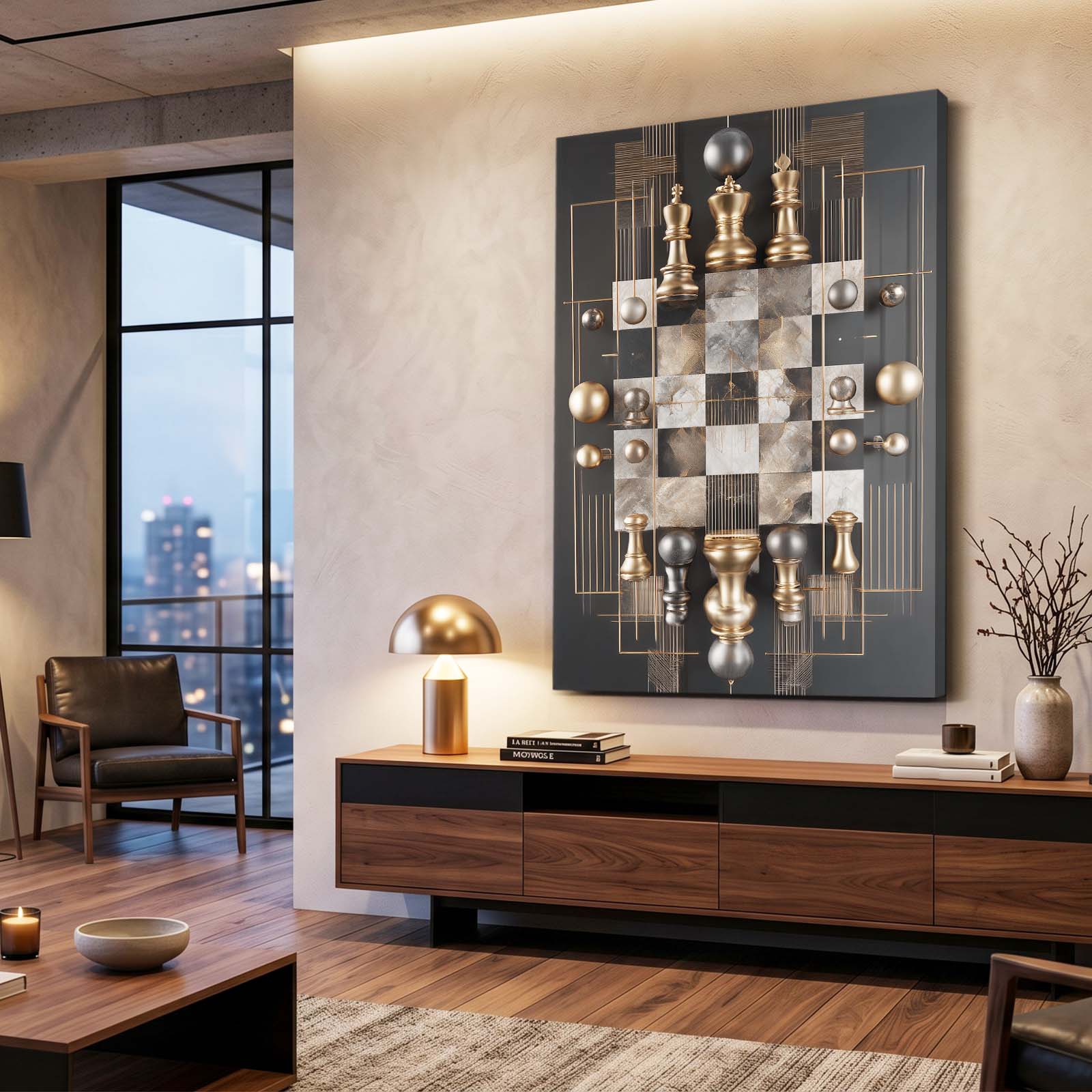 Golden Marble Board Chess Canvas Art – styled in a furnished interior
